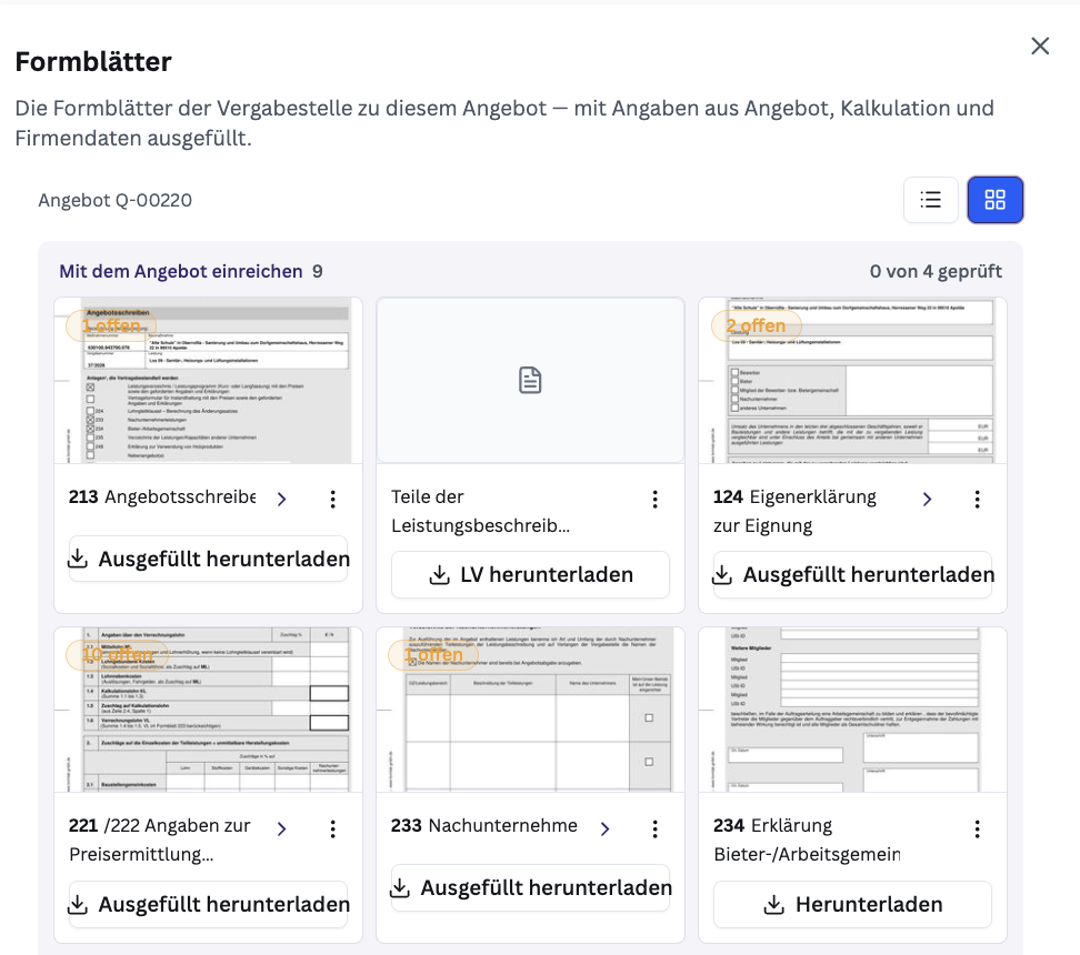 Ausgefüllte Formblätter der Vergabestelle in KraftHub, bereit zum Herunterladen