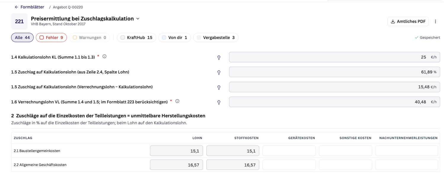 Formblatt 221 in KraftHub: Kalkulationslohn, Verrechnungslohn und Zuschläge aus der Kalkulation des Angebots