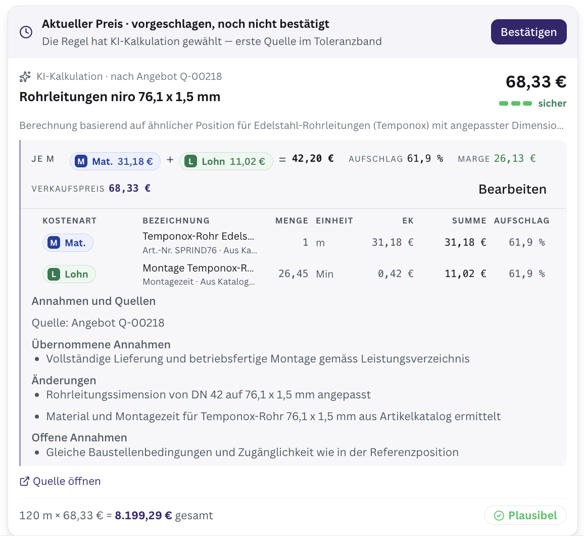 KI-Kalkulation in KraftHub: Edelstahlrohr 76,1 × 1,5 mm, berechnet nach einem früheren Angebot, mit Material und Montagezeit aus dem Katalog